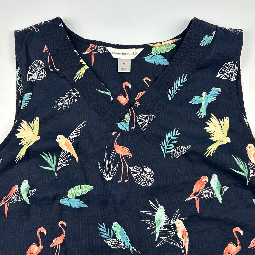 Christopher & Banks Womens XL Navy Tropical‎ Bird Flamingo V-Neck Sleeveless Top